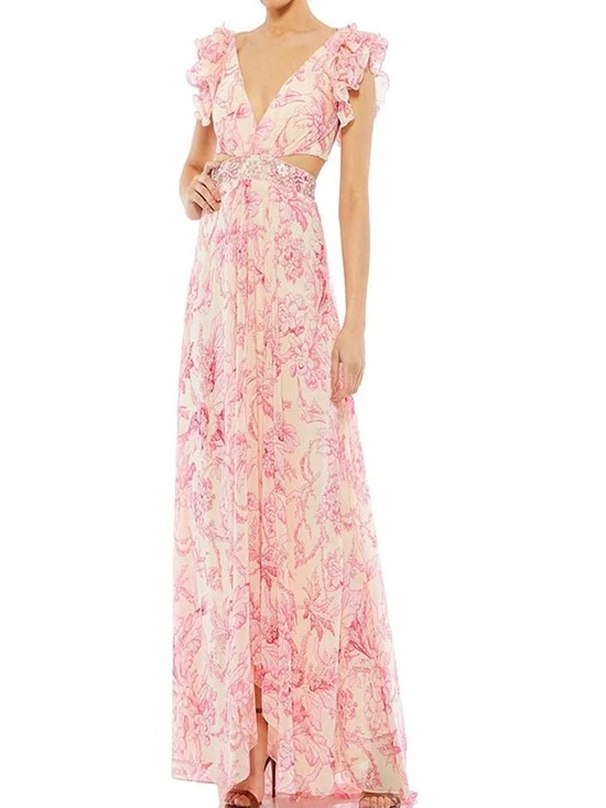 Mac Duggal Dresses & Skirts - Mac Duggal Pink Floral Cutout Ruffle Sleeve Maxi Dress